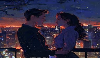 霸总言情小说经典场景插画，男女主角深情对视，城市夜景背景，氛围浪漫心跳